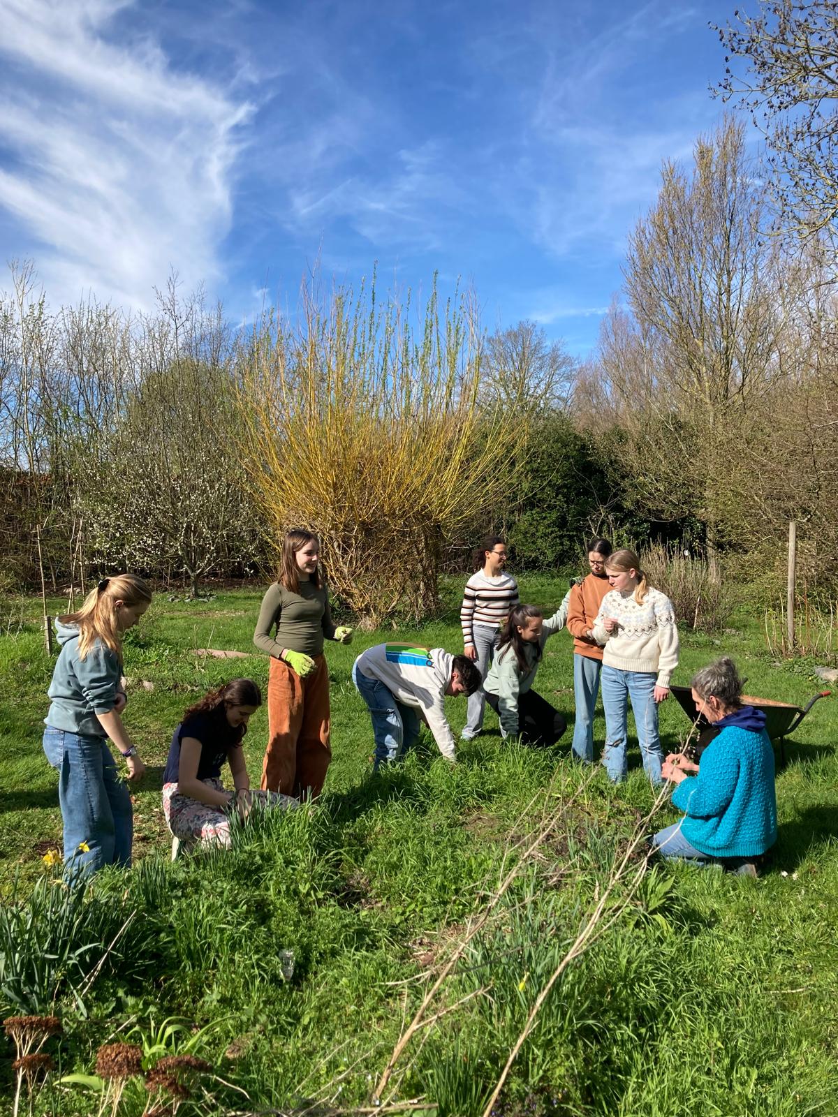 Deux élèves au potager, vus de dos